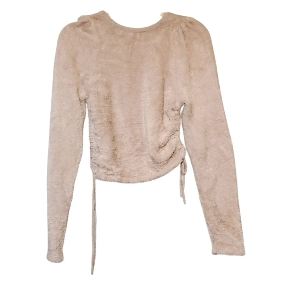 For Love/Lemons Mohr Faux Fur Top XL Beige Tie Waist Wrap Quiet Luxury Soft Glam - Picture 5 of 7